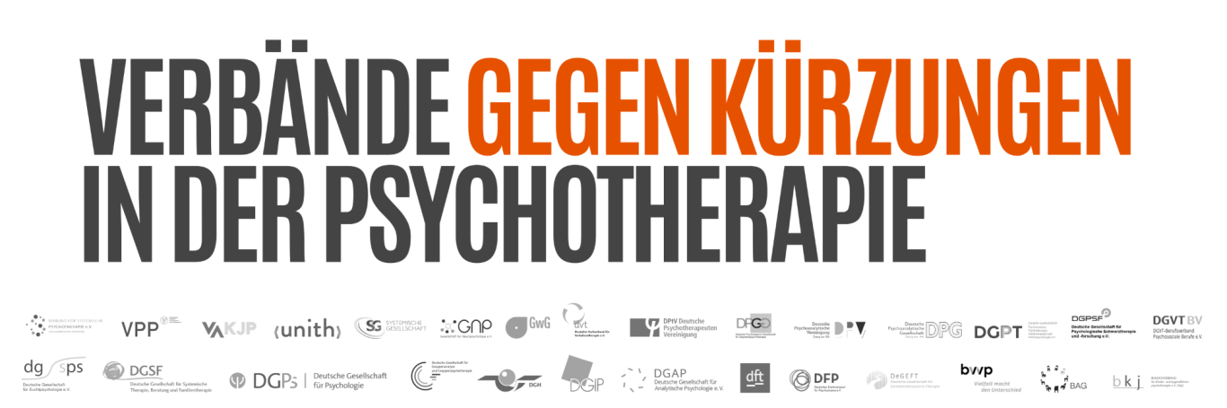 Banner der Demonstration "Verbände gegen Kürzungen in der Psychotherapie" mit Logos der unterstützenden Verbände.